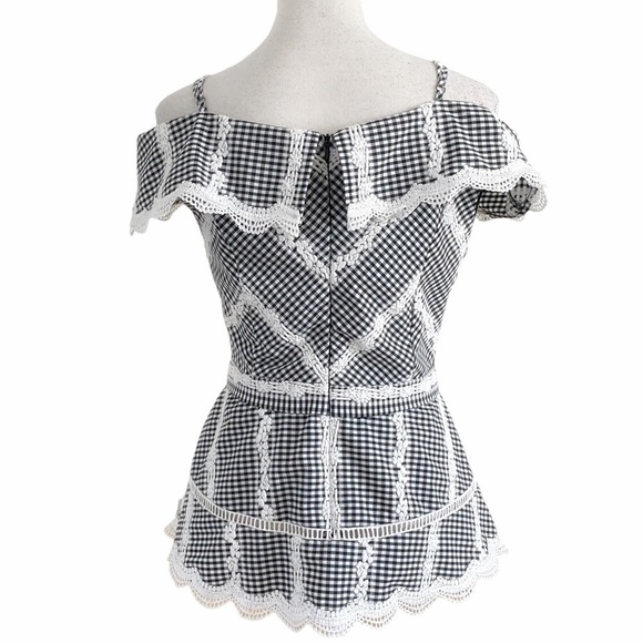 ADELYN RAE BLACK WHITE GINGHAM EMBROIDERED COLD SHOULDER PEPLUM TOP - S - Picture 3 of 9